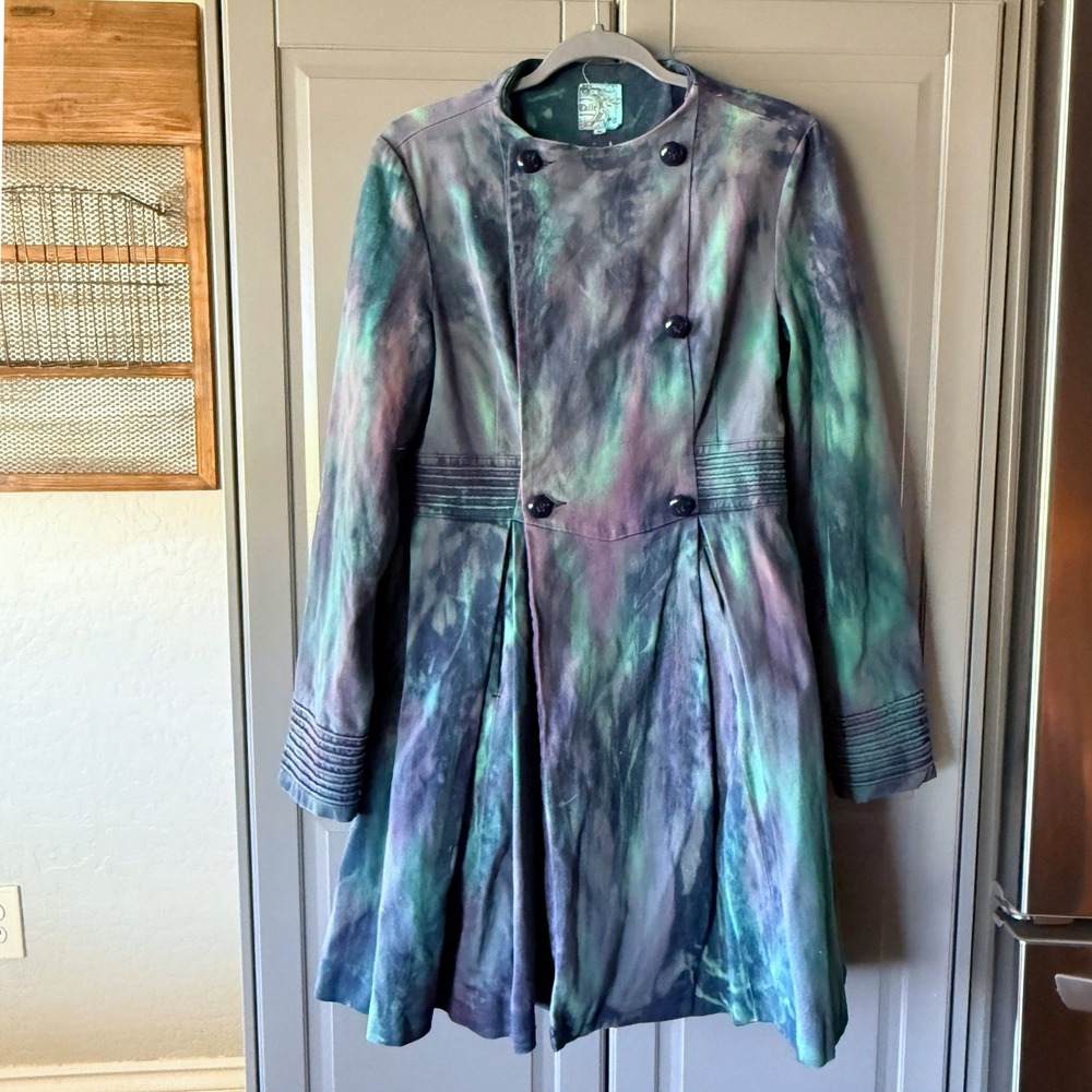 Tulle Anthro Whimsigoth Y2K Tie Dye Double Breasted Pleated Coat,Blue Purple, M